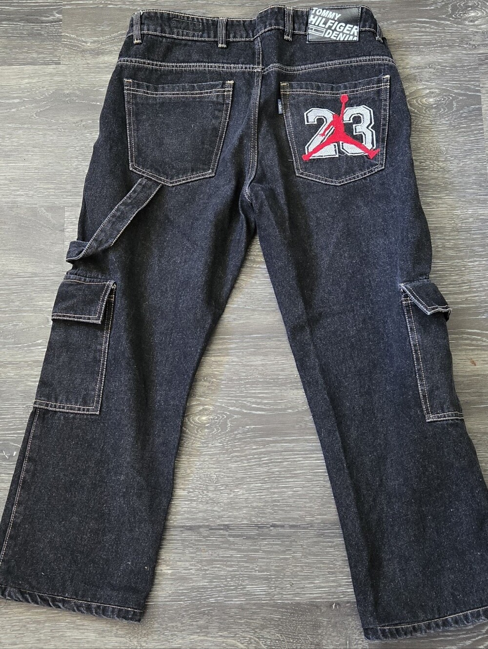 Y2K Vintage Tommy Hilfiger Baggy Cargo Carpenter Jeans, 23 Jumpman Embroidery